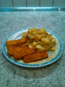 Fischstääbcher medd Grumbiersalat